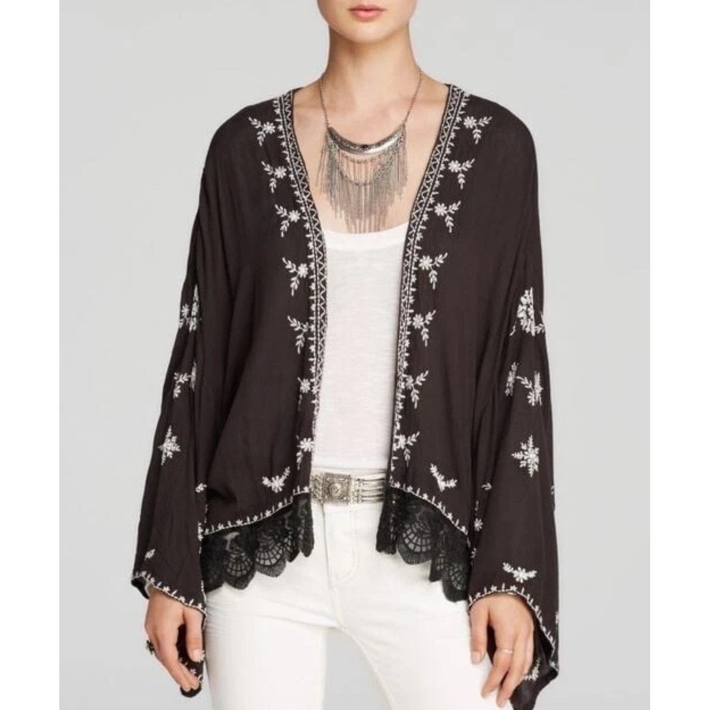 Free People Embroidered Kimono Cardigan S Black Lace Boho Excellent